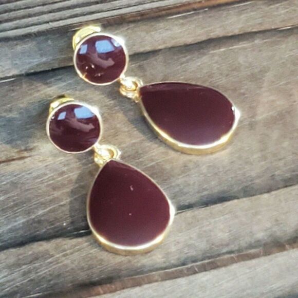Mid Century Style Retro Cool Burgundy Red Gold Teardrop Enamel Earrings - Picture 2 of 7